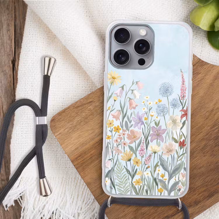 Weidebloemen - Illustratie - Kleurrijk Hoesje iPhone 16 Pro Max met koord klein -sfeer4