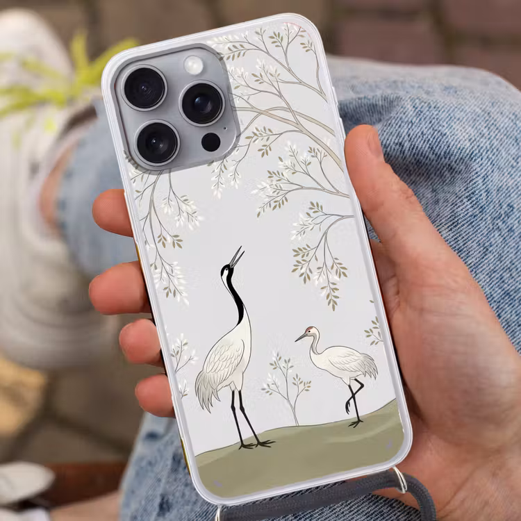 Minimalistisch - Kraanvogels - Blauw Hoesje iPhone 16 Pro Max met koord klein -sfeer3