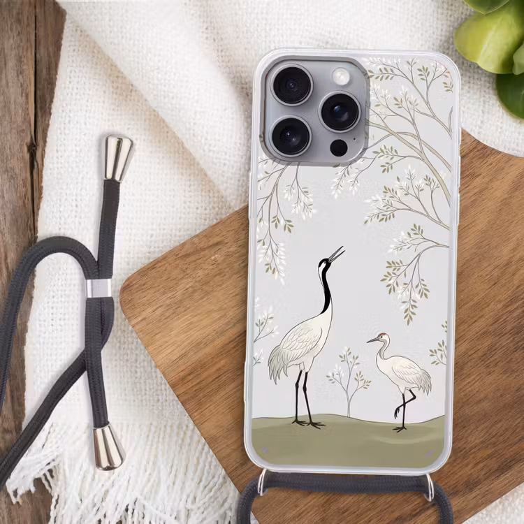 Minimalistisch - Kraanvogels - Blauw Hoesje iPhone 16 Pro Max met koord klein -sfeer4