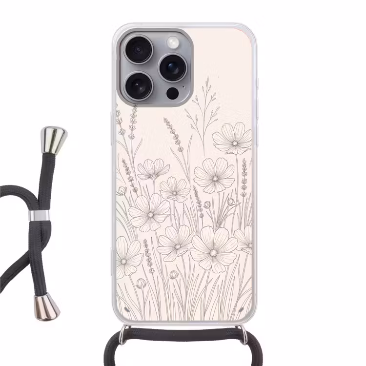 Minimalistisch - Modern - Bloemen - Beige Hoesje iPhone 16 Pro Max met koord klein -3d