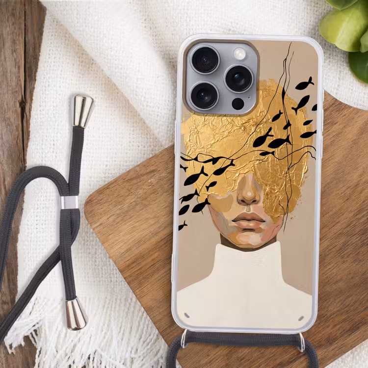 Modern - Vrouw - Goud Hoesje iPhone 16 Pro Max met koord klein -sfeer4