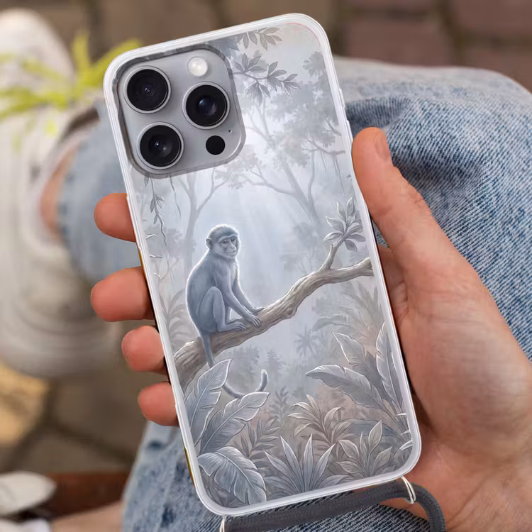Aap - Boom - Jungle - Natuur - Grijs Hoesje iPhone 16 Pro Max met koord klein -sfeer3