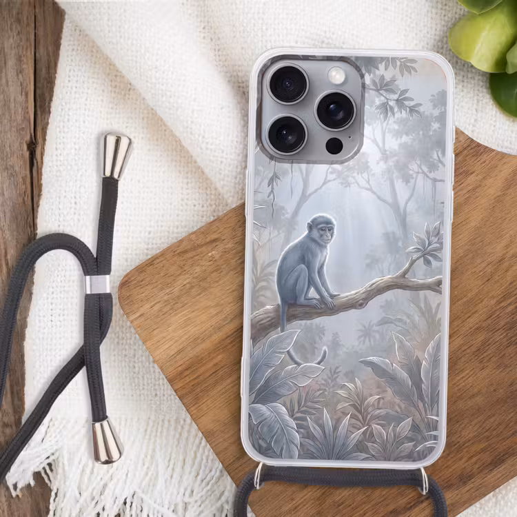 Aap - Boom - Jungle - Natuur - Grijs Hoesje iPhone 16 Pro Max met koord klein -sfeer4