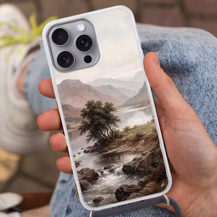 Berglandschap - Meer - Bergen - Vallei - Klassiek Hoesje iPhone 16 Pro Max met koord klein -sfeer3