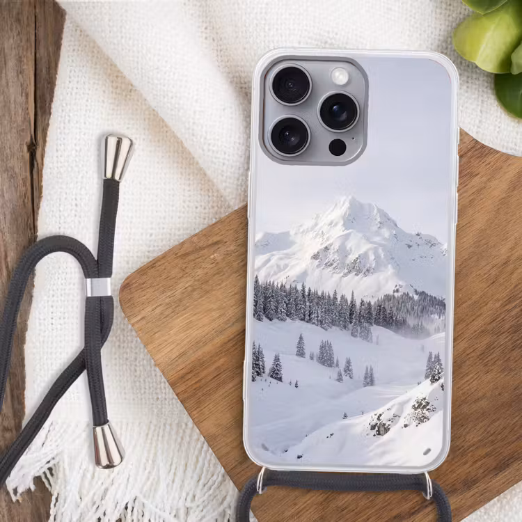 Berg - Sneeuw - Winter - Natuur - Wit Hoesje iPhone 16 Pro Max met koord klein -sfeer4