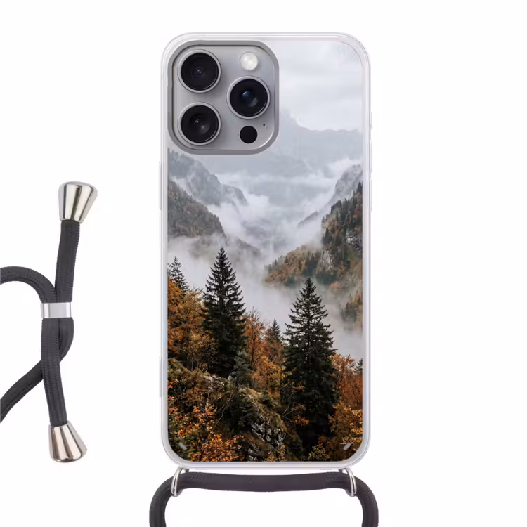 Bergen - Vallei - Mist - Herfst - Natuur Hoesje iPhone 16 Pro Max met koord klein -3d