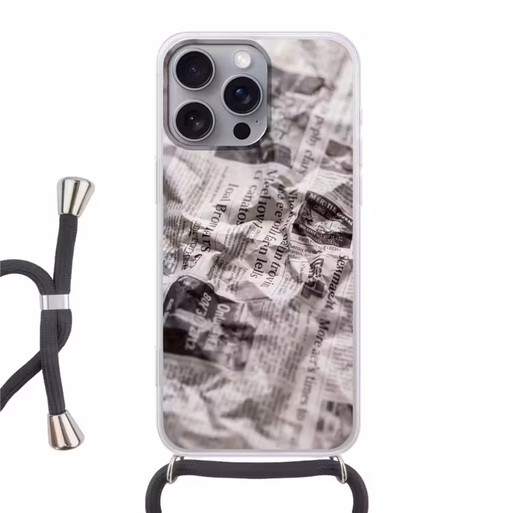Krant - Gekreukeld - Textuur - Vintage - Zwart-wit Hoesje iPhone 16 Pro Max met koord klein -3d