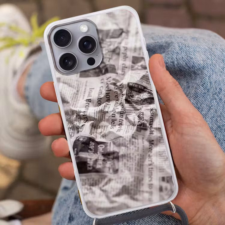 Krant - Gekreukeld - Textuur - Vintage - Zwart-wit Hoesje iPhone 16 Pro Max met koord klein -sfeer3