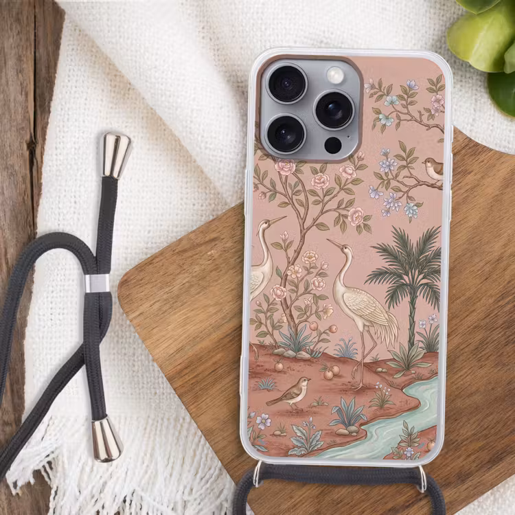 Nostalgisch - Reigers - Roze Hoesje iPhone 16 Pro Max met koord klein -sfeer4