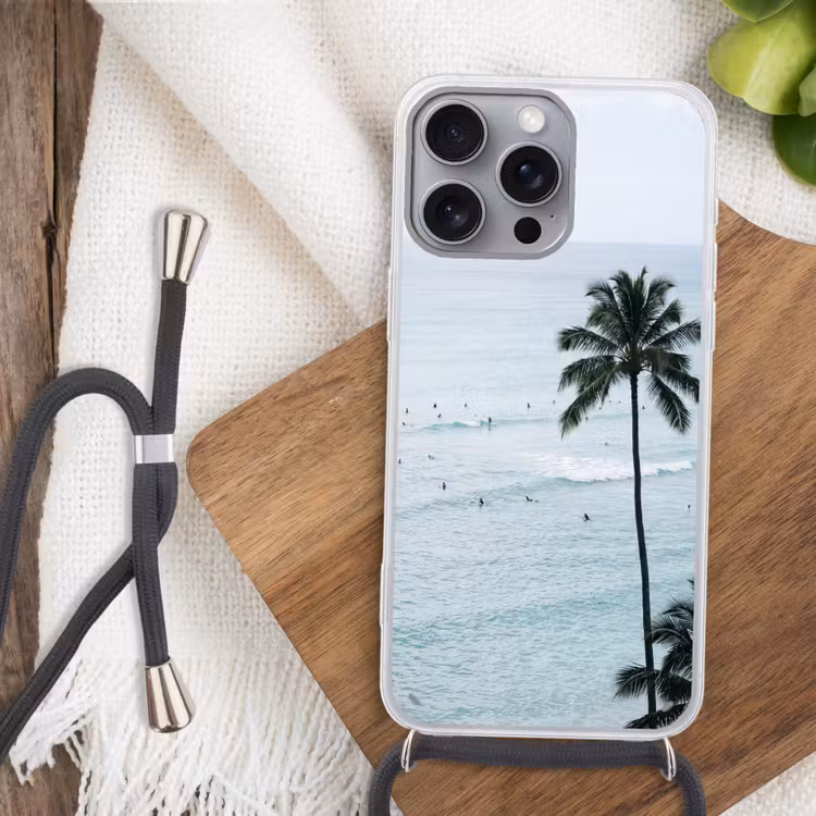 Oceaan - Palmbomen - Surfers Hoesje iPhone 16 Pro Max met koord klein -sfeer4