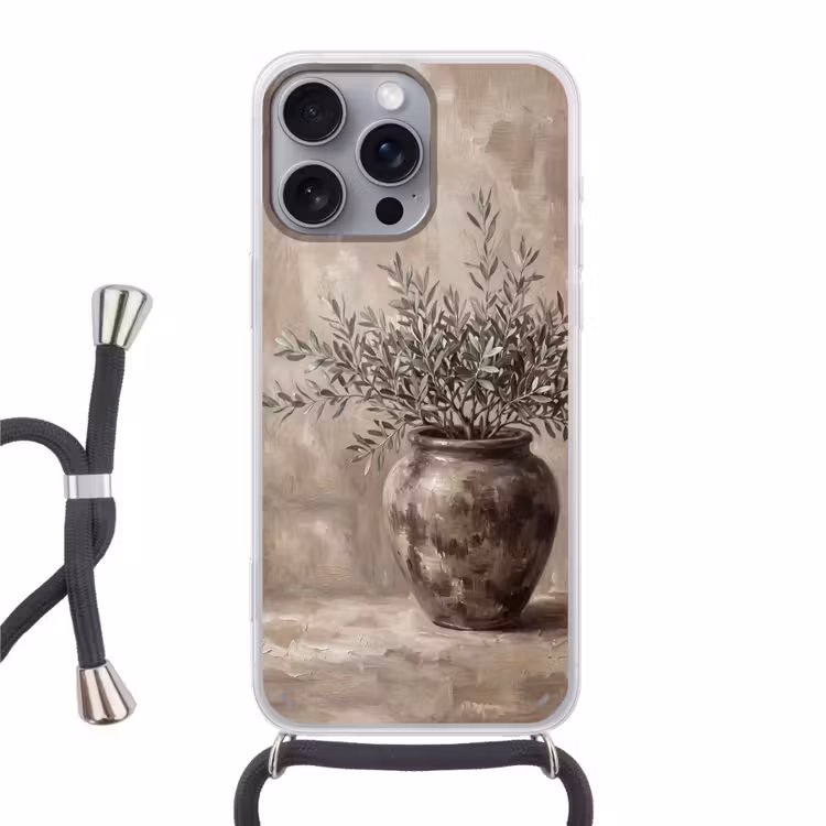 Olijfplant - Aardenpot - Abstract - Beige Hoesje iPhone 16 Pro Max met koord klein -3d