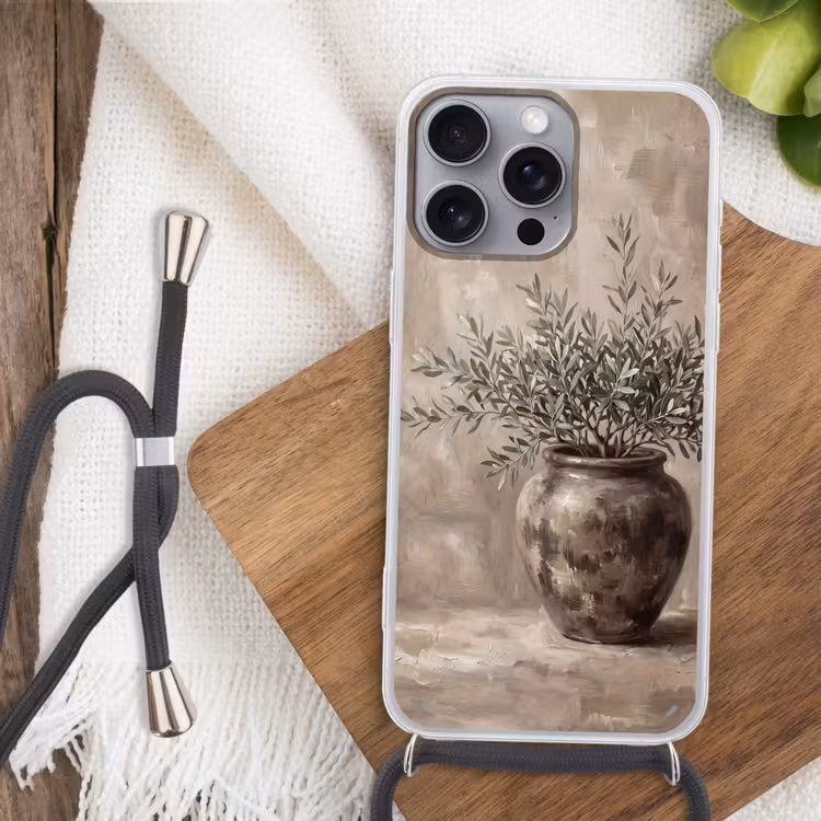 Olijfplant - Aardenpot - Abstract - Beige Hoesje iPhone 16 Pro Max met koord klein -sfeer4