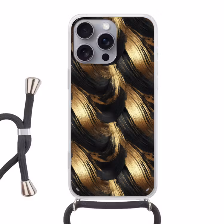 Verfstreken - Abstract - Goud - Zwart Hoesje iPhone 16 Pro Max met koord klein 804 -3d