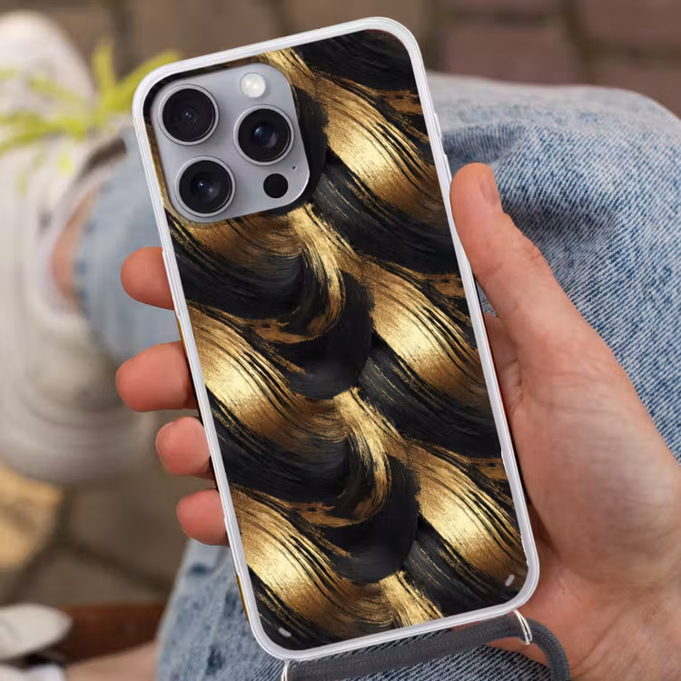 Verfstreken - Abstract - Goud - Zwart Hoesje iPhone 16 Pro Max met koord klein 804 -sfeer3