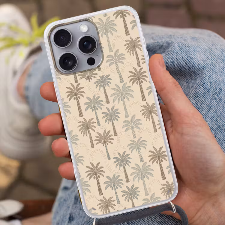 Palmbomen - Patroon - Tropisch - Beige Hoesje iPhone 16 Pro Max met koord klein -sfeer3