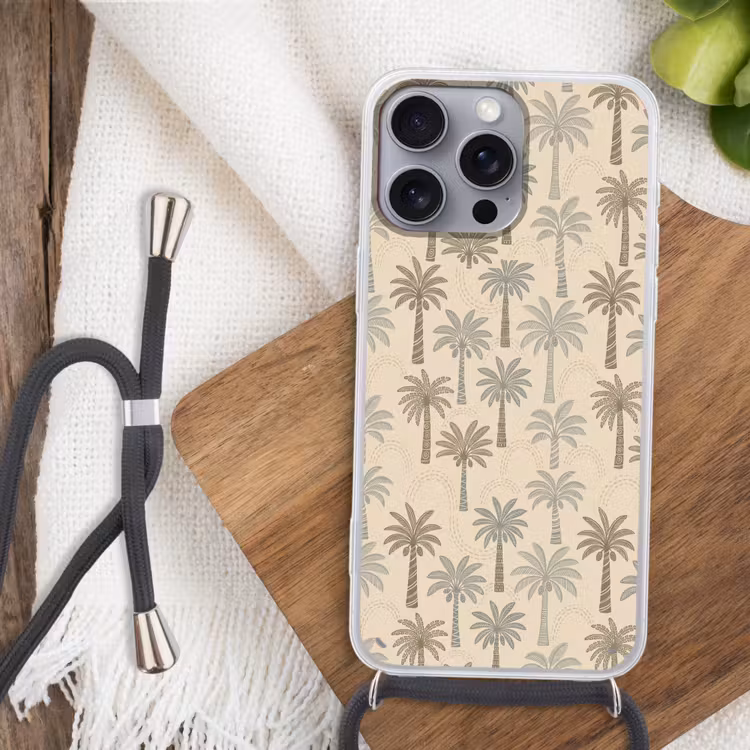 Palmbomen - Patroon - Tropisch - Beige Hoesje iPhone 16 Pro Max met koord klein -sfeer4