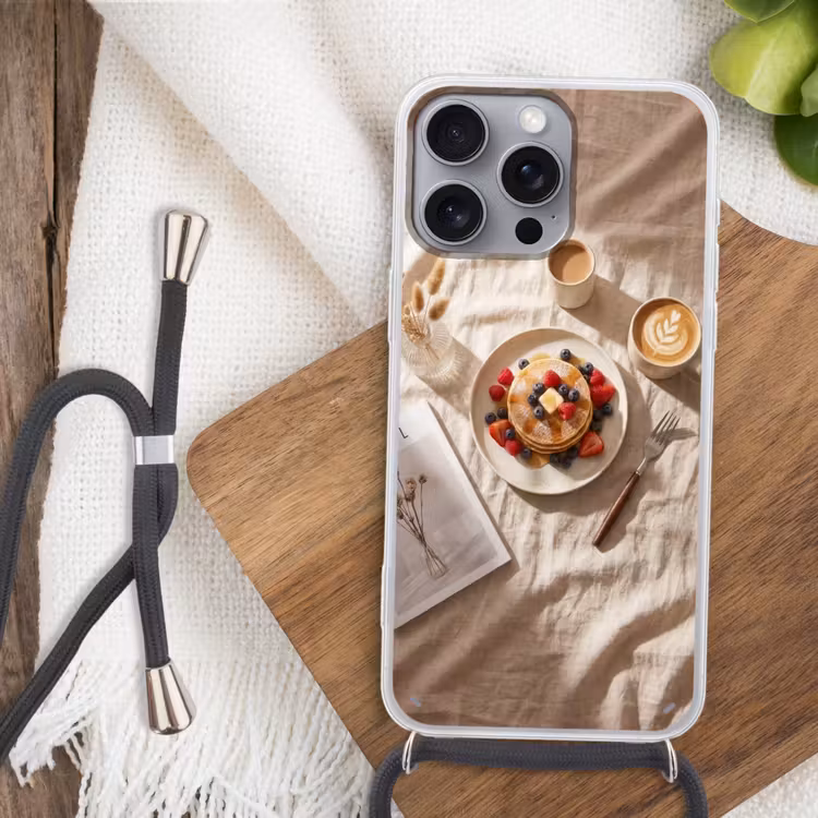 Pannenkoeken - Bessen - Ontbijt - Modern - Beige Hoesje iPhone 16 Pro Max met koord klein -sfeer4