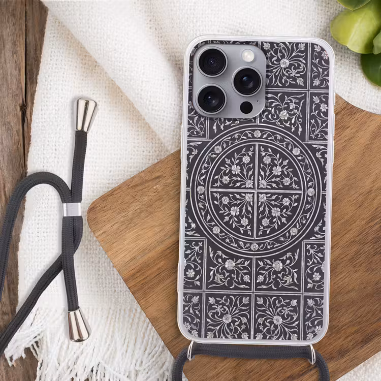 Patroon - Bloemmotief - Decoratie - Klassiek - Zwart Hoesje iPhone 16 Pro Max met koord klein -sfeer4