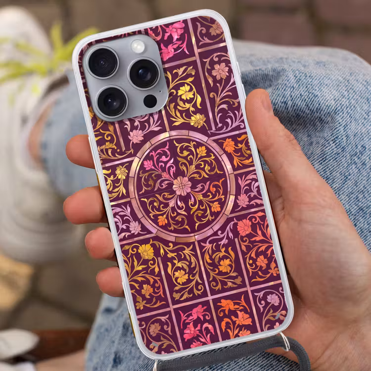 Patroon - Floraal - Oosters - Paars - Goud Hoesje iPhone 16 Pro Max met koord klein -sfeer3