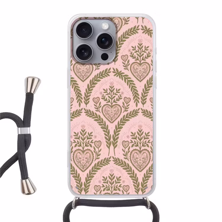 Patroon - Hart - Bloemen - Folkloristisch - Roze Hoesje iPhone 16 Pro Max met koord klein -3d