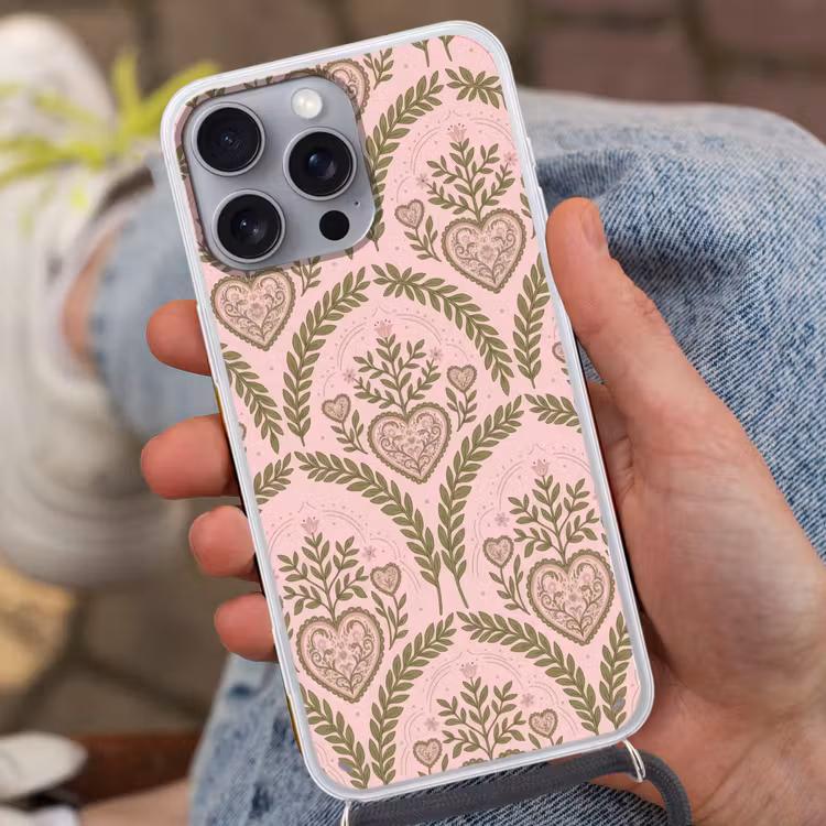Patroon - Hart - Bloemen - Folkloristisch - Roze Hoesje iPhone 16 Pro Max met koord klein -sfeer3