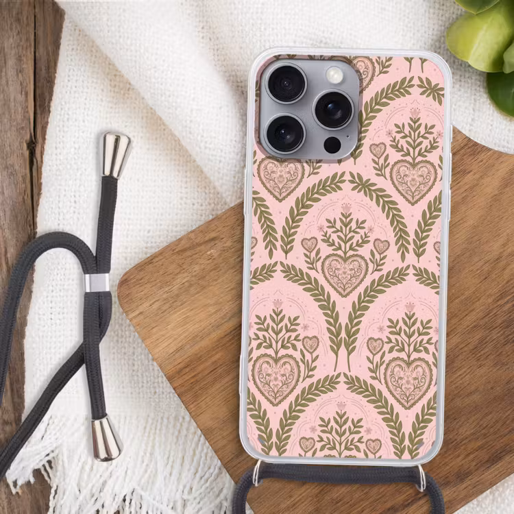 Patroon - Hart - Bloemen - Folkloristisch - Roze Hoesje iPhone 16 Pro Max met koord klein -sfeer4