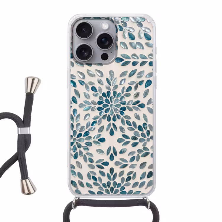 Patroon - Bladeren - Abstract - Modern - Turquoise Hoesje iPhone 16 Pro Max met koord klein -3d