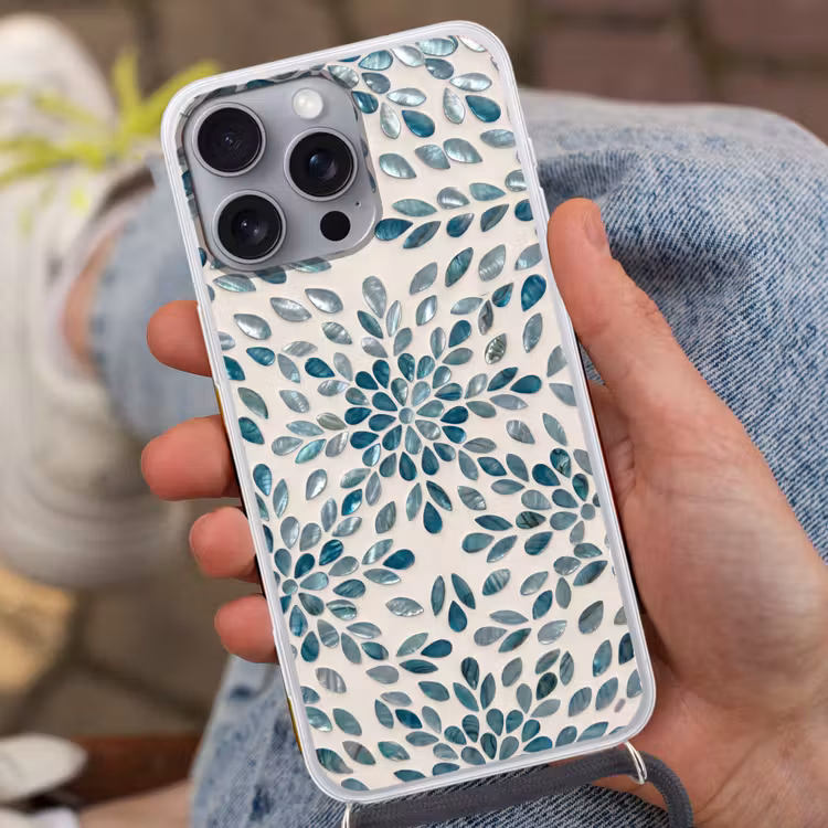 Patroon - Bladeren - Abstract - Modern - Turquoise Hoesje iPhone 16 Pro Max met koord klein -sfeer3