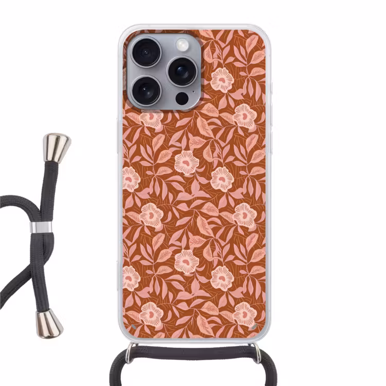 Patroon - Bladeren - Terracotta Hoesje iPhone 16 Pro Max met koord klein 804 -3d
