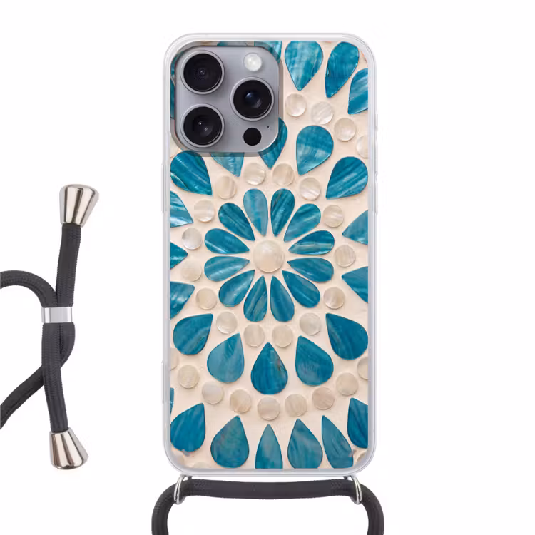 Patroon - Mozaïek - Schelpen - Abstract - Turquoise Hoesje iPhone 16 Pro Max met koord klein -3d