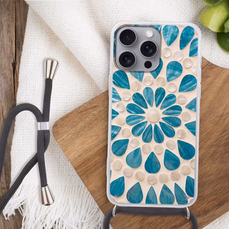 Patroon - Mozaïek - Schelpen - Abstract - Turquoise Hoesje iPhone 16 Pro Max met koord klein -sfeer4