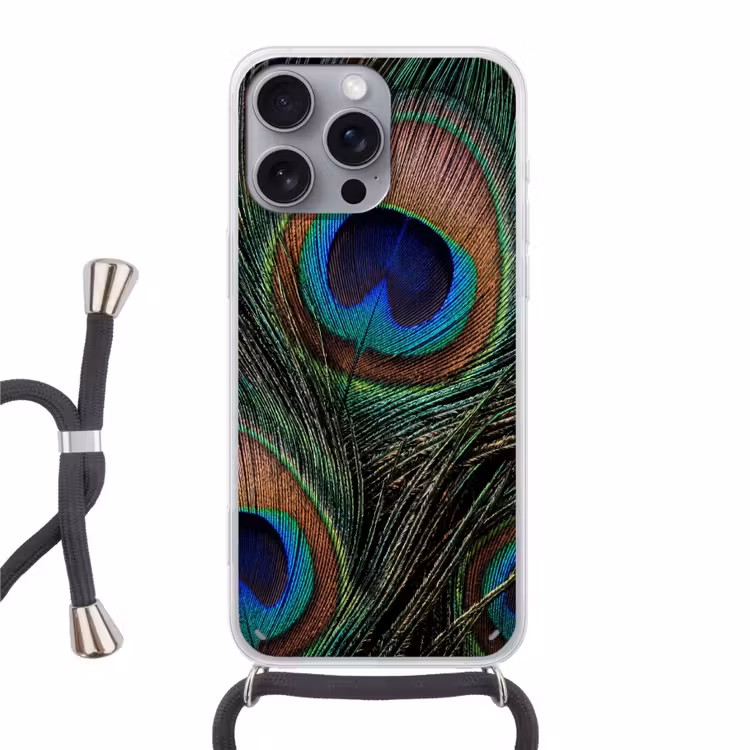 Pauwenveren - Klassiek - Groen Hoesje iPhone 16 Pro Max met koord klein -3d