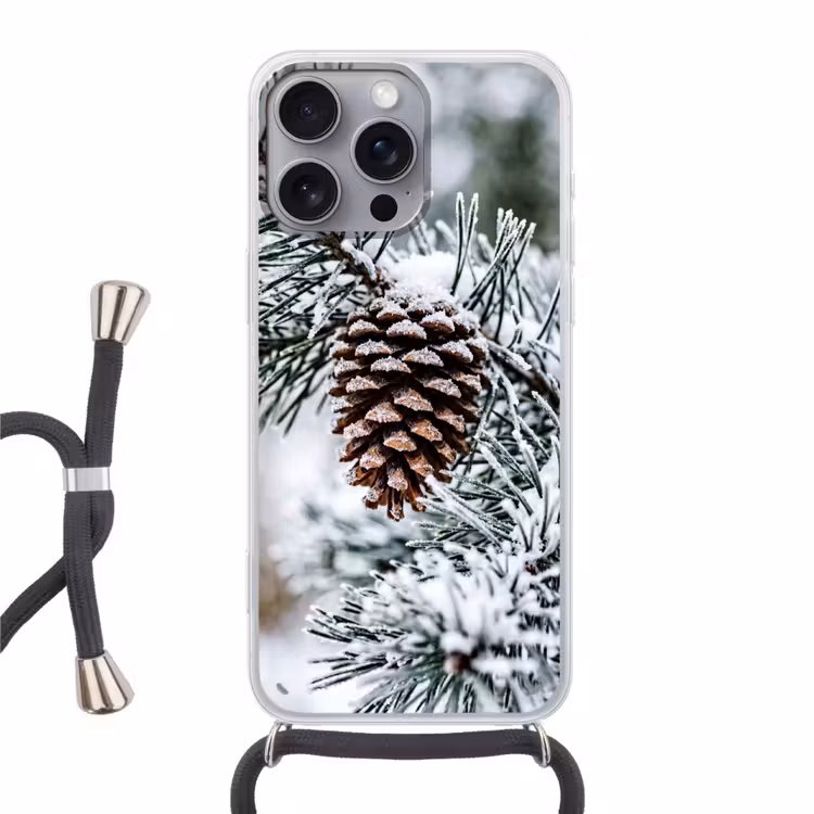 Dennenappel - Tak - Sneeuw - Winter - Sfeervol Hoesje iPhone 16 Pro Max met koord klein -3d