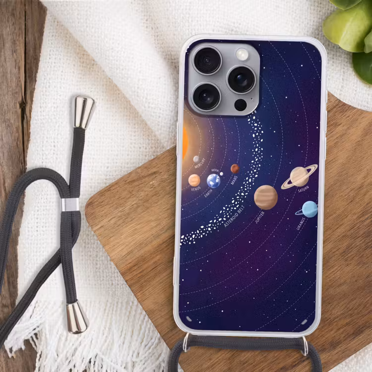 Planetenstelsel - Ruimte - Illustratie Hoesje iPhone 16 Pro Max met koord klein -sfeer4