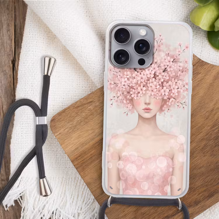 Portret - Kersenbloesem - Roze Hoesje iPhone 16 Pro Max met koord klein -sfeer4