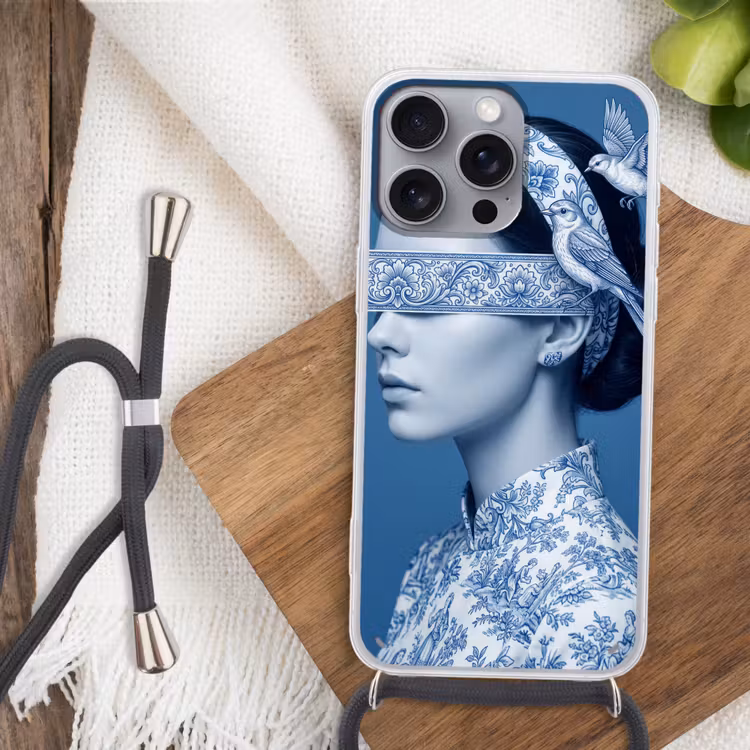 Portret - Klassiek - Wit - Blauw Hoesje iPhone 16 Pro Max met koord klein -sfeer4