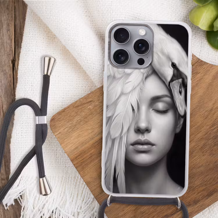 Portret - Zwaan - Zwart - Wit Hoesje iPhone 16 Pro Max met koord klein -sfeer4