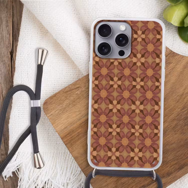 Retro - Bloemen - Bruin Hoesje iPhone 16 Pro Max met koord klein 804 -sfeer4