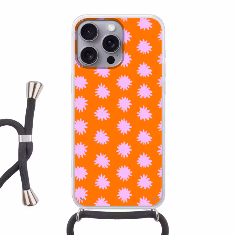 Retro - Bloemen - Oranje Hoesje iPhone 16 Pro Max met koord klein 804 -3d