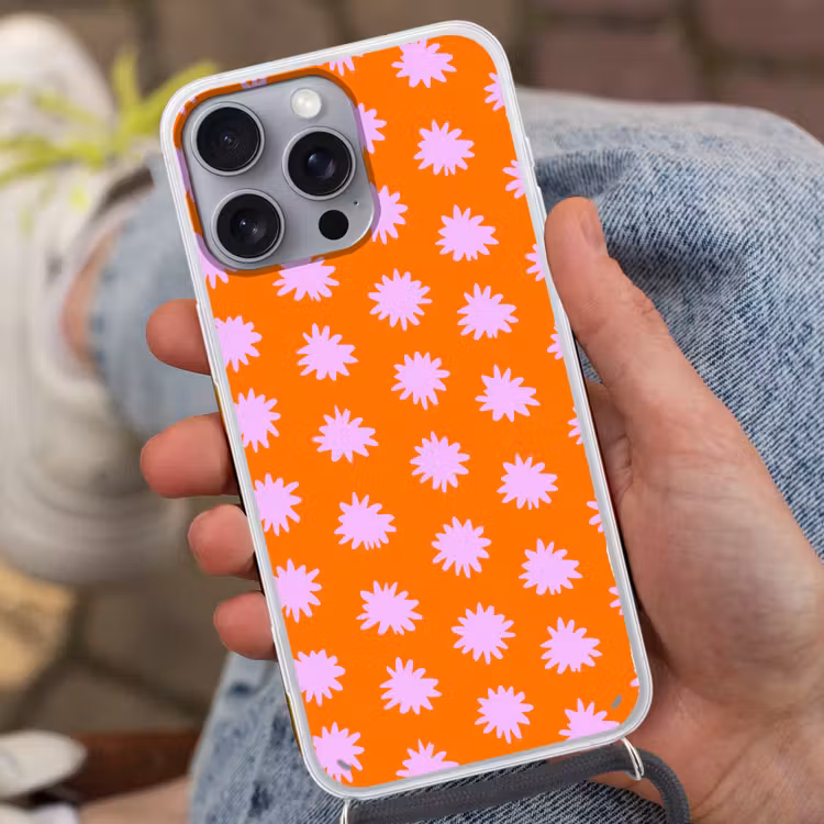 Retro - Bloemen - Oranje Hoesje iPhone 16 Pro Max met koord klein 804 -sfeer3