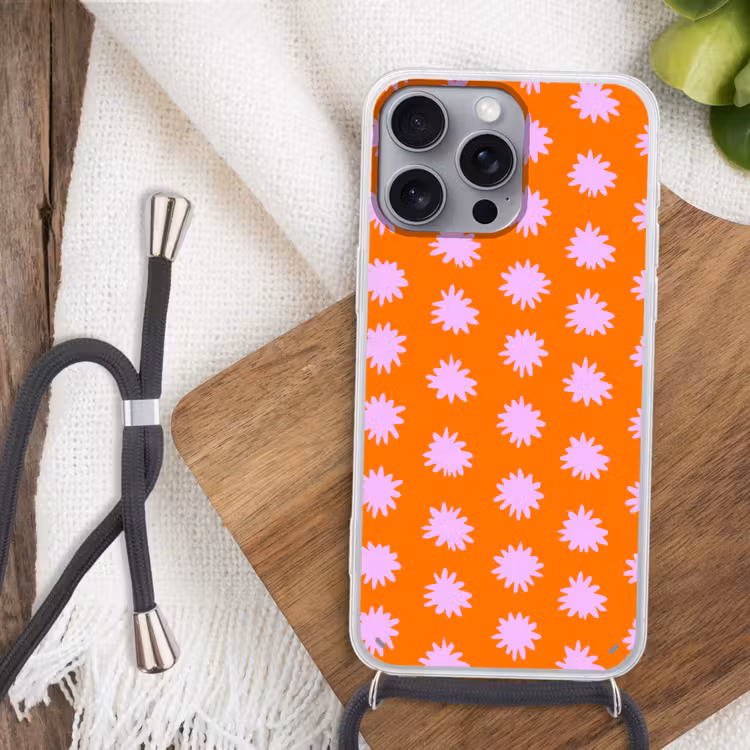 Retro - Bloemen - Oranje Hoesje iPhone 16 Pro Max met koord klein 804 -sfeer4
