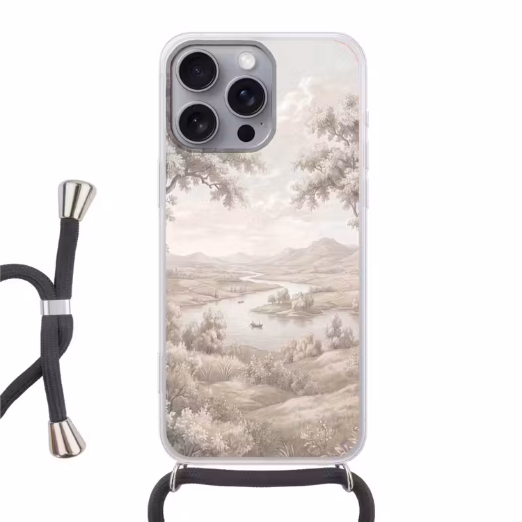 Rivierlandschap - Bergen - Natuur - Vintage - Beige Hoesje iPhone 16 Pro Max met koord klein -3d