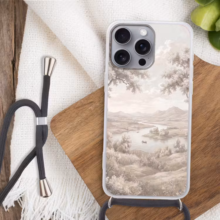 Rivierlandschap - Bergen - Natuur - Vintage - Beige Hoesje iPhone 16 Pro Max met koord klein -sfeer4