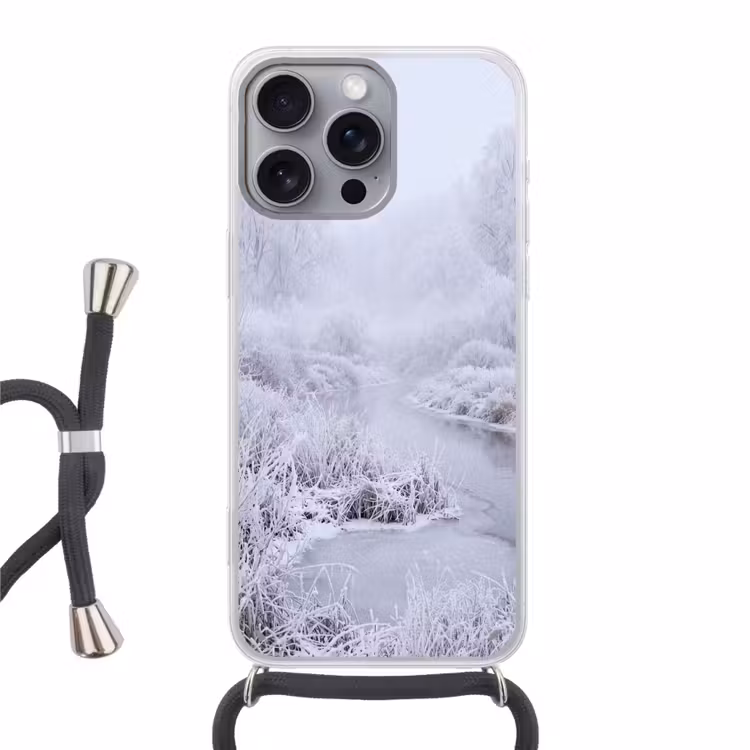 Rivier - Sneeuw - Bos - Winter - Schilderachtig Hoesje iPhone 16 Pro Max met koord klein -3d