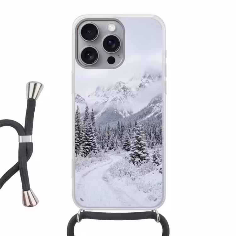 Weg - Bergen - Sneeuw - Naaldbos - Avontuurlijk Hoesje iPhone 16 Pro Max met koord klein -3d