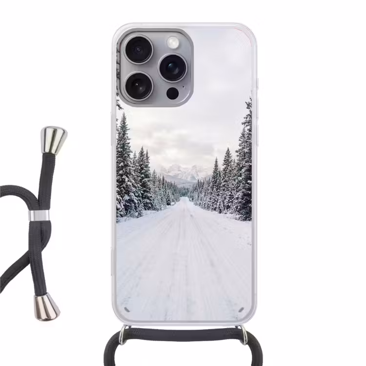 Weg - Sneeuw - Naaldbos - Winter - Avontuurlijk Hoesje iPhone 16 Pro Max met koord klein -3d