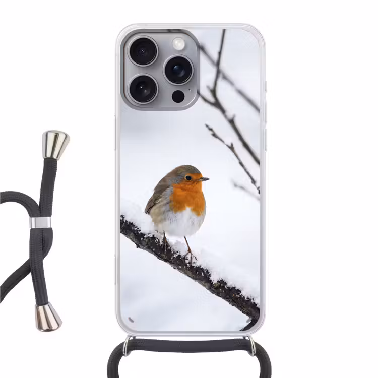 Roodborstje - Tak - Sneeuw - Winter - Levendig Hoesje iPhone 16 Pro Max met koord klein -3d
