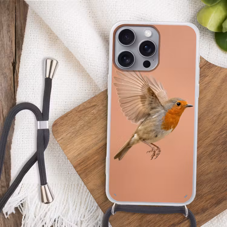 Roodborst - Natuur - Roze Hoesje iPhone 16 Pro Max met koord klein -sfeer4