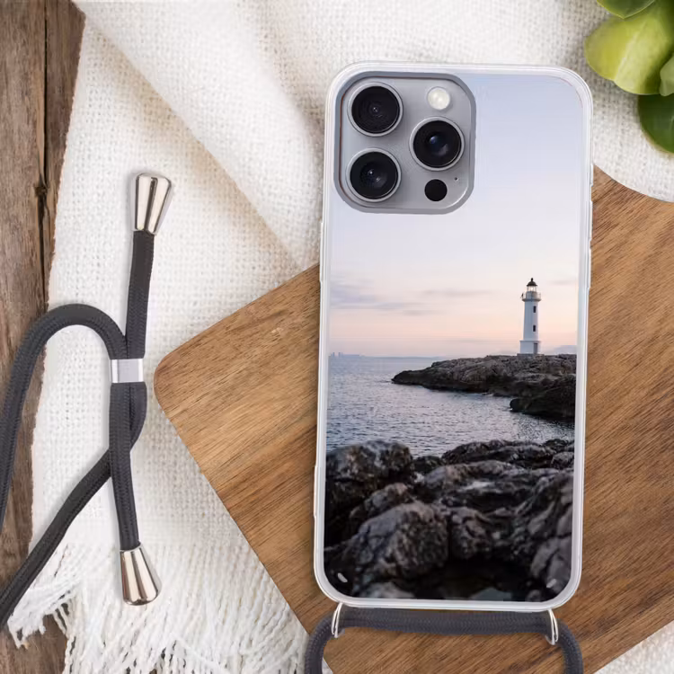 Rotsen - Vuurtoren - Wit Hoesje iPhone 16 Pro Max met koord klein -sfeer4
