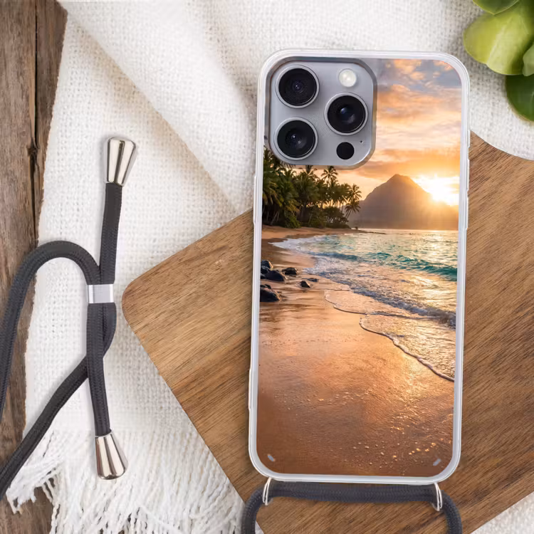 Zee - Berg - Landschap - Tropisch - Goud Hoesje iPhone 16 Pro Max met koord klein -sfeer4